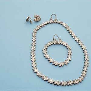 Vintage KD Sterling Silver Marcasite Necklace, Bracelet and Clip-On Earring Set